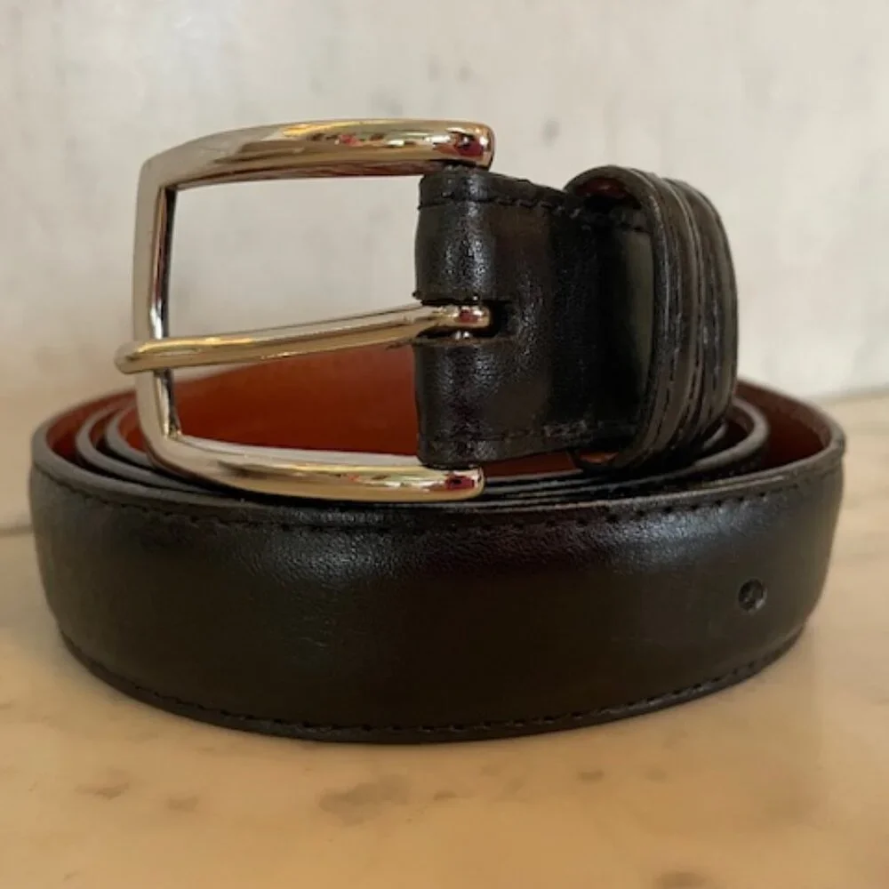 J. HILBURN Leather Black Belt Silver Hardware Genuine Italian Calfskin 42